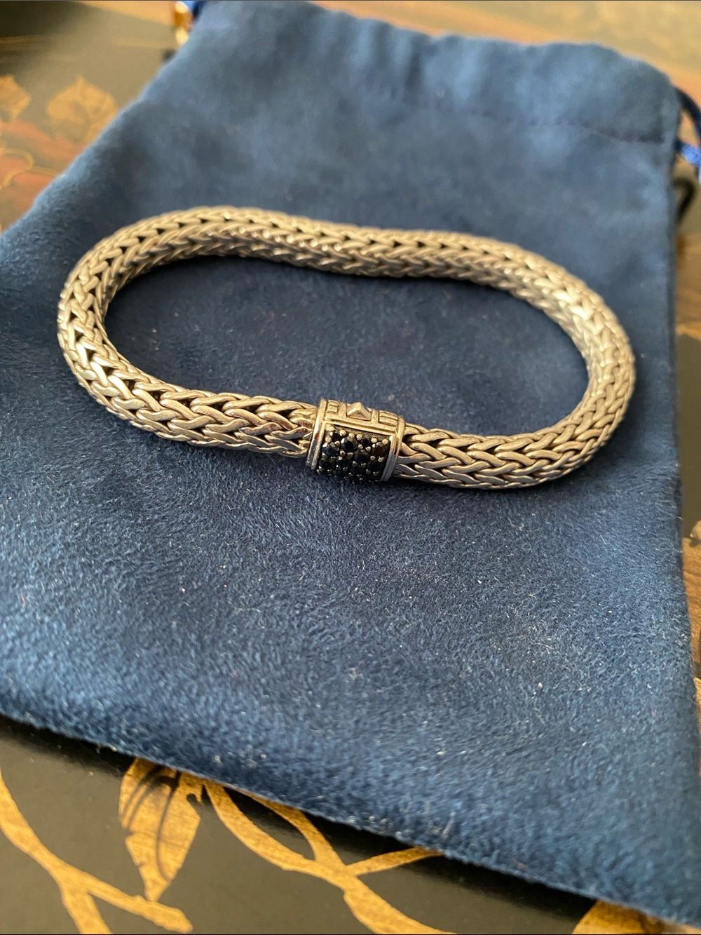 John Hardy Sterling Silver Woven Bracelet with Black Accent Stones